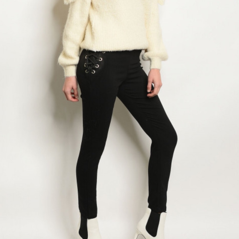 Black Lace Up Side Zip Back Pants - Picture 2 of 6